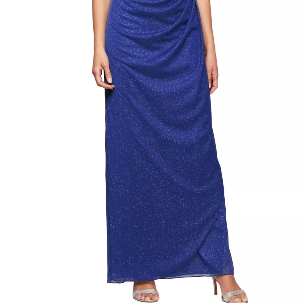 Formal Dress Size 14 ALEX EVENINGS Cold off the Shoulder Glitter Mesh Gown Blue - Picture 4 of 6